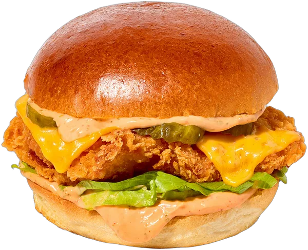 Crispy chicken burger met andalousesaus, cheddar en sla
