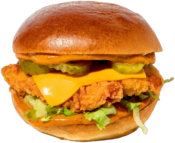 Crispy chicken burger met pittige knoflooksaus en cheddar