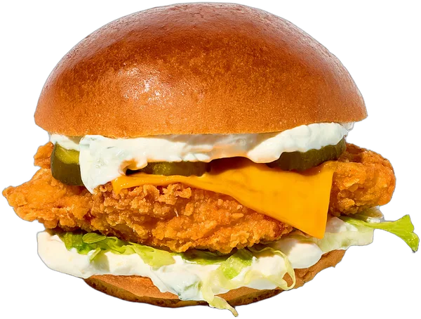 Crispy chicken burger met tzatziki, cheddar en augurk