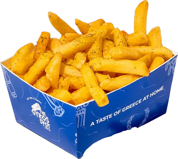 Friet met kruiden in een blauwe The Gyros Spot bak