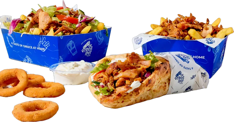 Pita gyros, een bak gyros met salade, patat gyros, uienringen en tzatziki